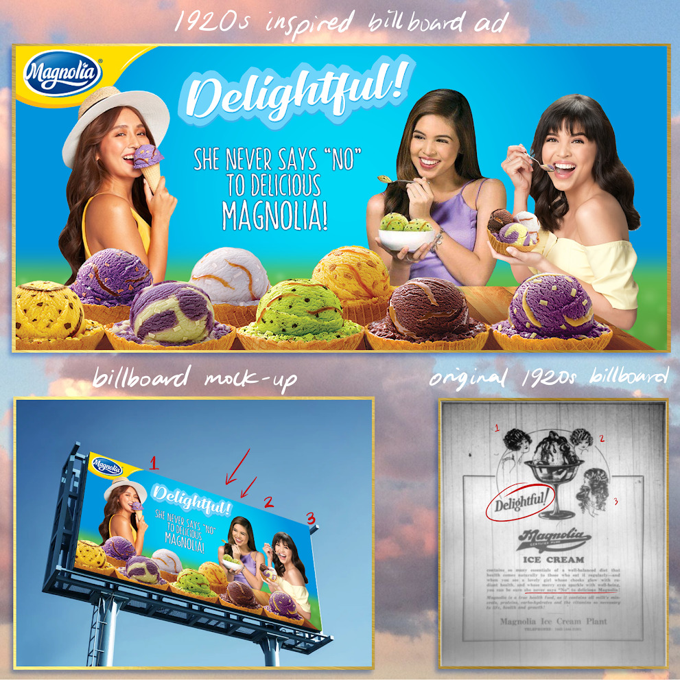 top: image of a Magnolia ice cream  advertisement, bottom (left to right): mockup billboard of Magnolia ice cream advertisement, original vintage Magnolia advertisement