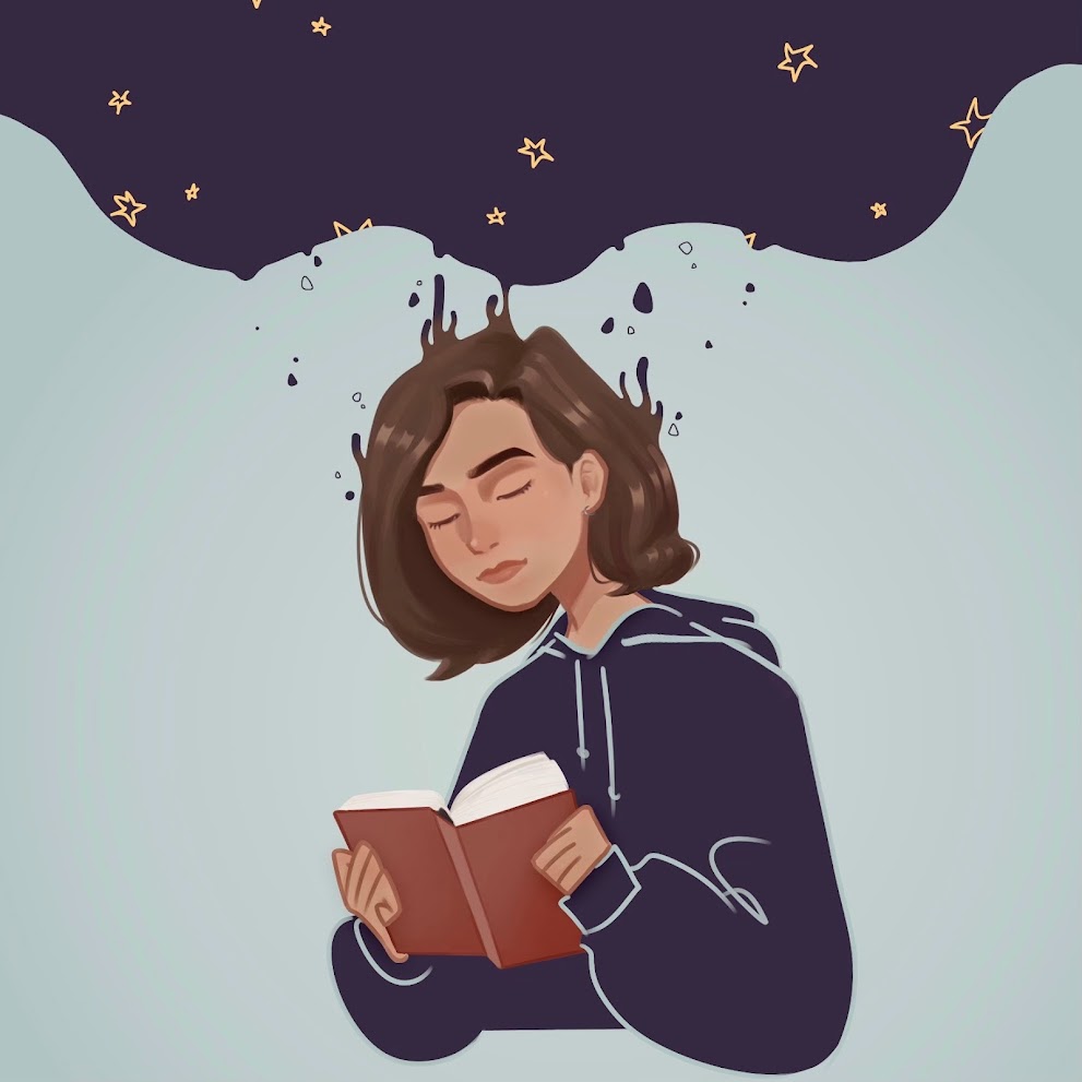 image of a digital drawing of a girl reding a book with stars above her head 