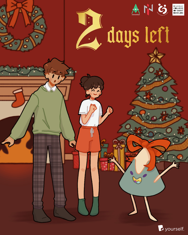 Animotion countdown poster with a boy, girl, and Nimo in front of a fireplace and christmas tree. above text reads '2 days left'