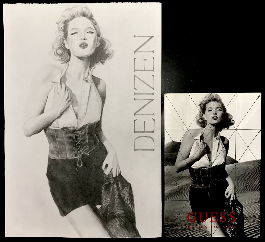 image of a scaled-up graphite drawing of a black-and-white GUESS magazine cover of a model next to the original magazine cover