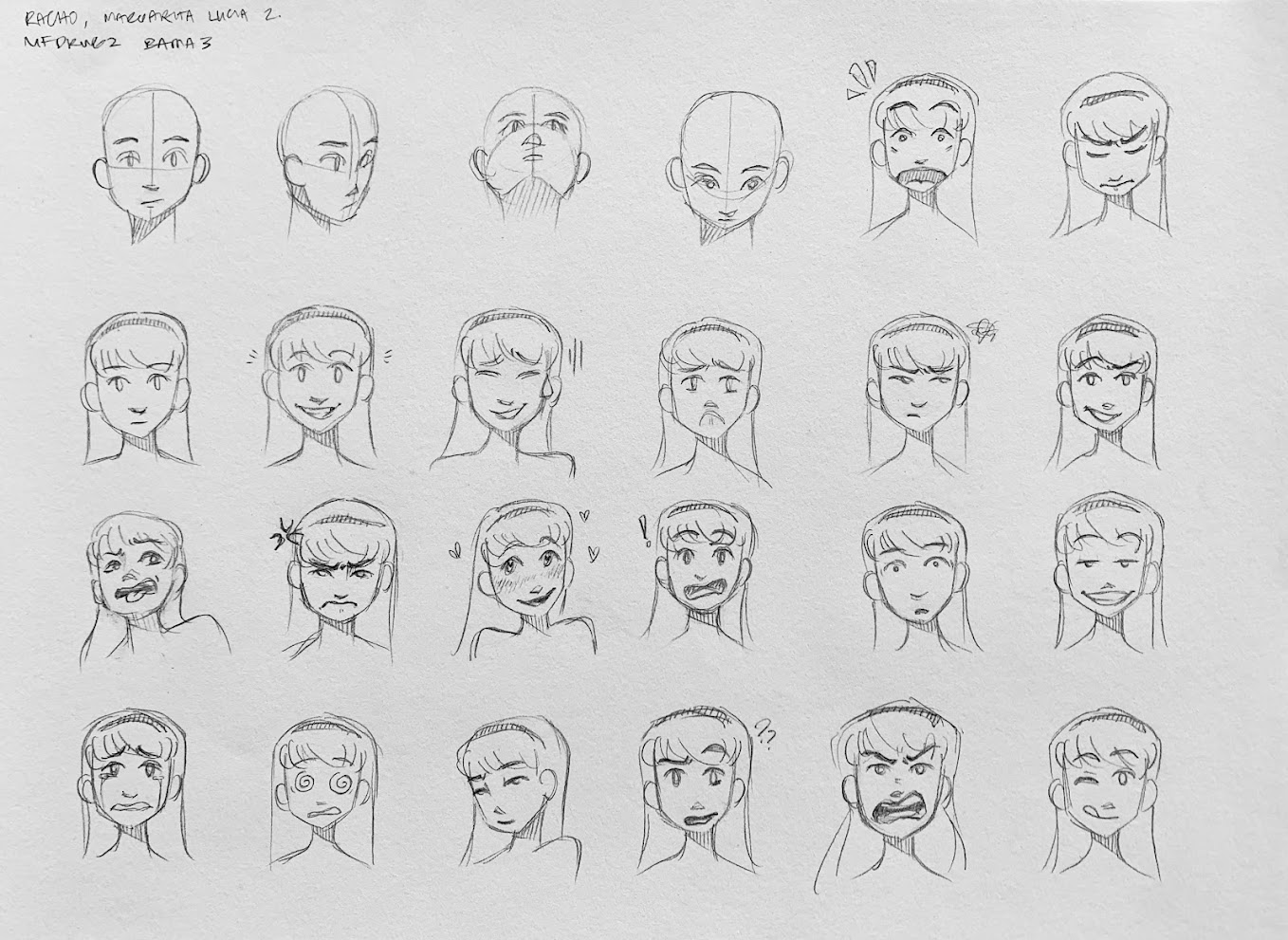 4 by 6 hand-drawn images of facial expressions of a girl with a headband