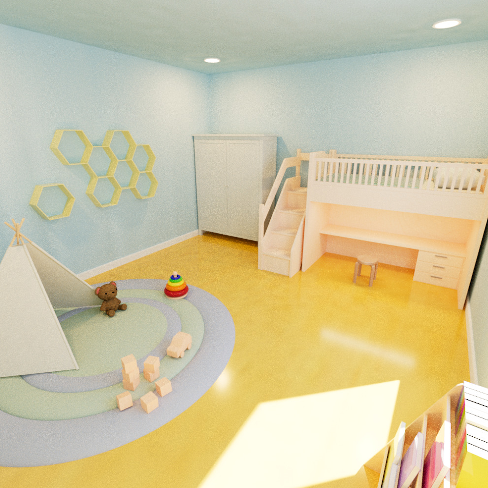 3d model of a children's playroom/bedroom with blue walls, a closet, bed, playmat, teepee, and toys