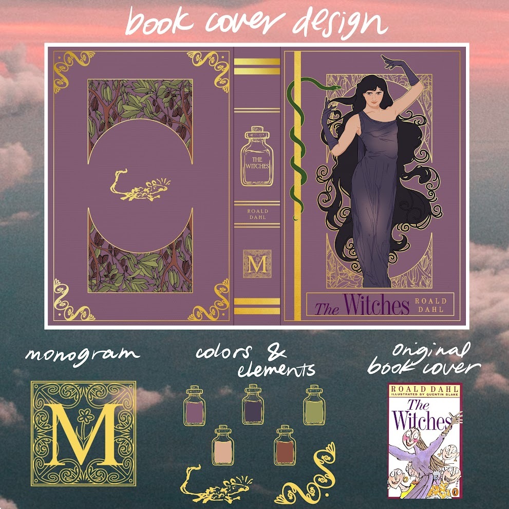 top: image of an art nouveau book cover design, bottom (left to right): monogram of the letter M, colors and elements, original book cover of The Witches by Roald Dahl